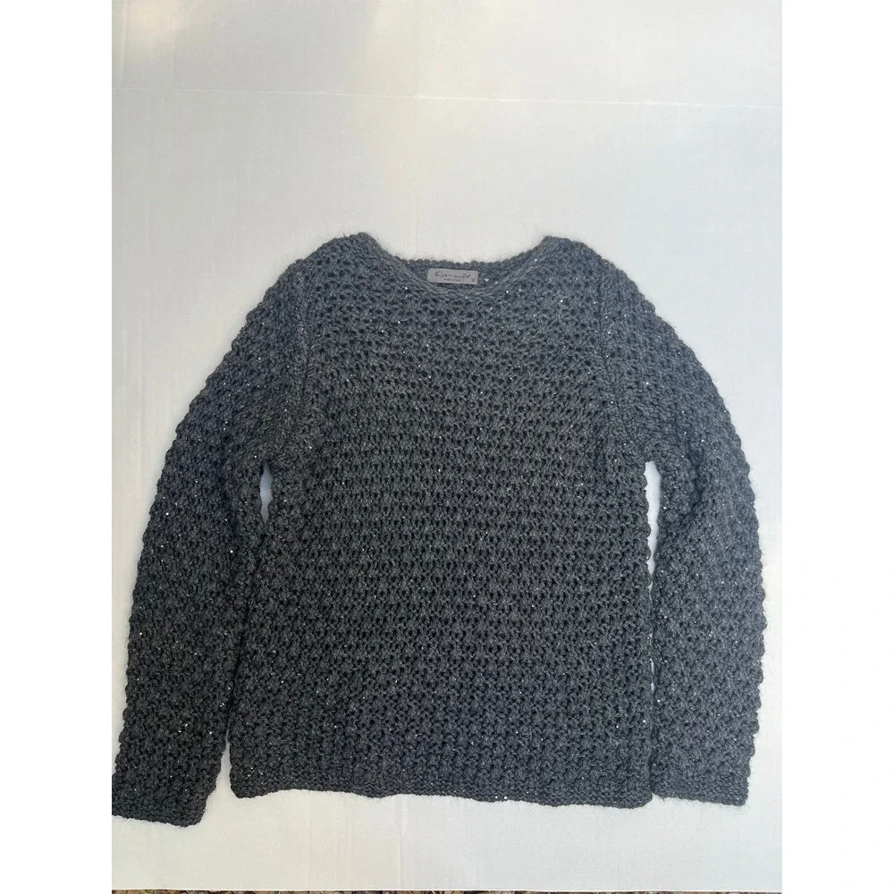ELSAMANDA Womens Gray Open Knit LS Sweater Size M Sparkles Made In‎ Italy